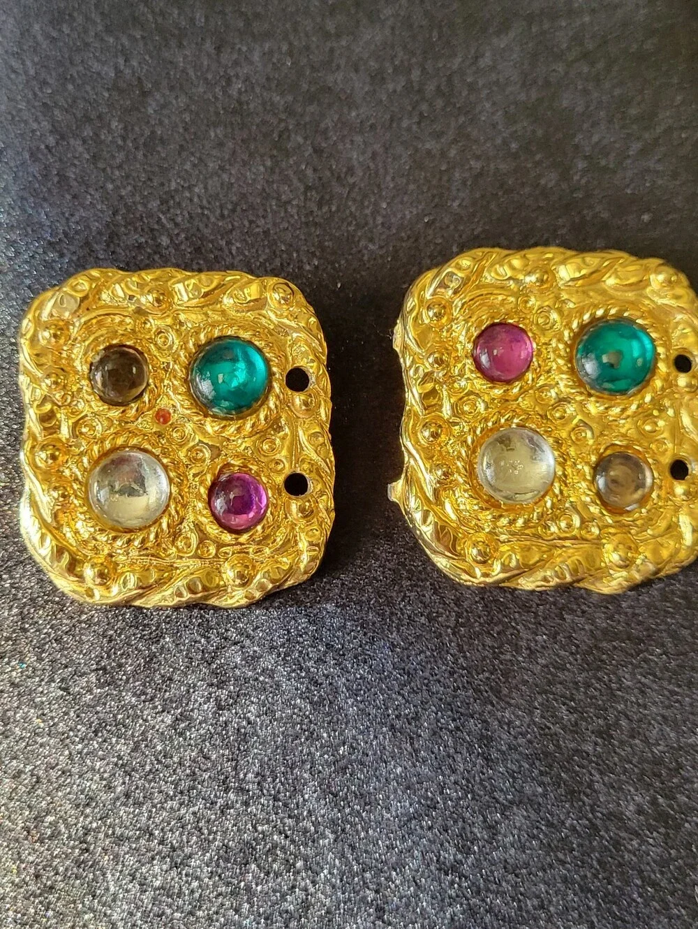 Vtg Gold-Tone Square Clip-On Statement 80s Earnings Green, Purple, Blue Accents